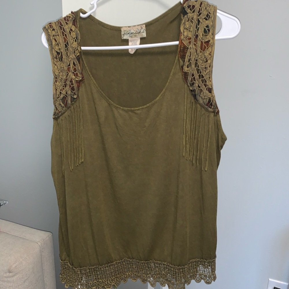 gimmicks by BKE Olive Green Crochet Fringe Tank Top
